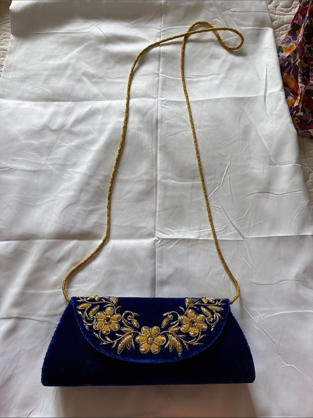 Elegant Navy Velvet Evening Clutch with Gold Embroidery